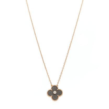 Van Cleef & Arpels 18K Rose Gold Diamond Silver Obsidian Vintage Alhambra Pendant Necklace 1 of 6