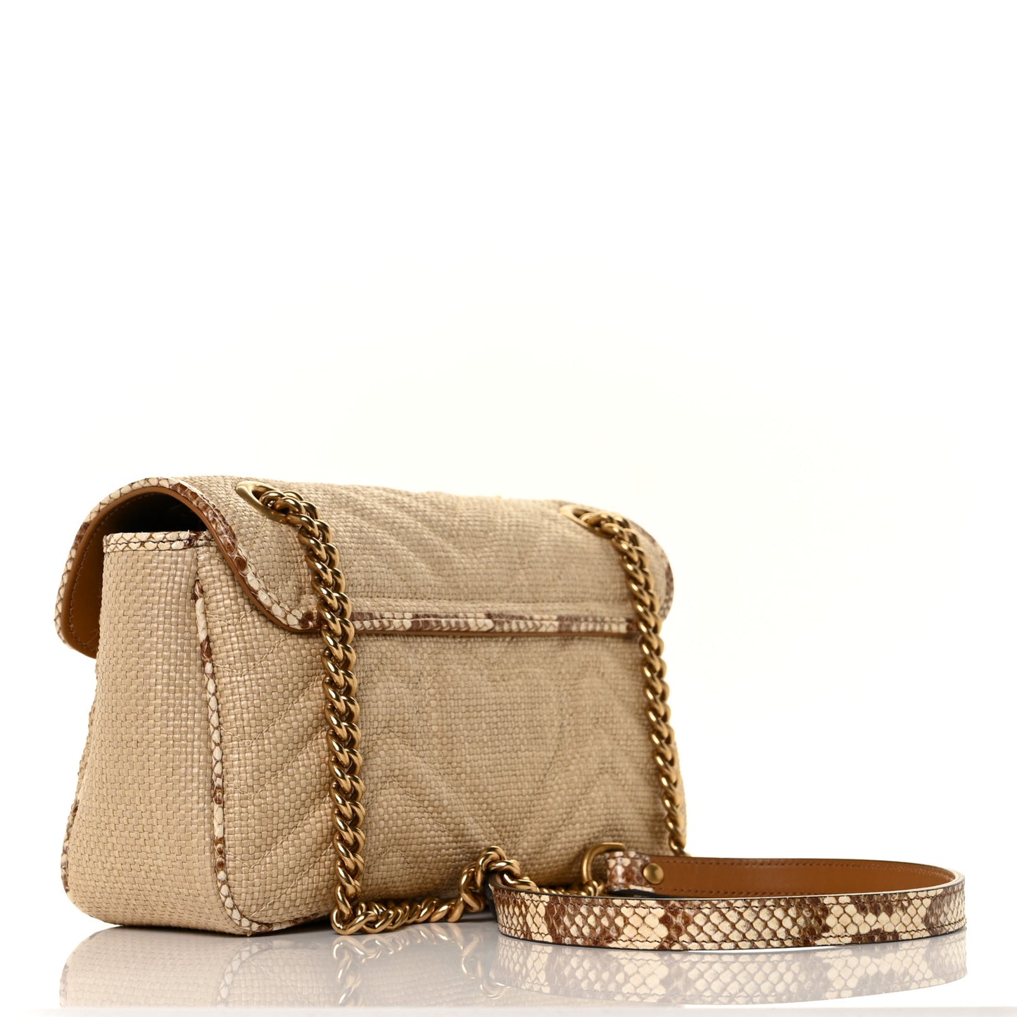 Raffia Elaphe Matelasse Small GG Marmont Shoulder Bag Natural Cream Brown