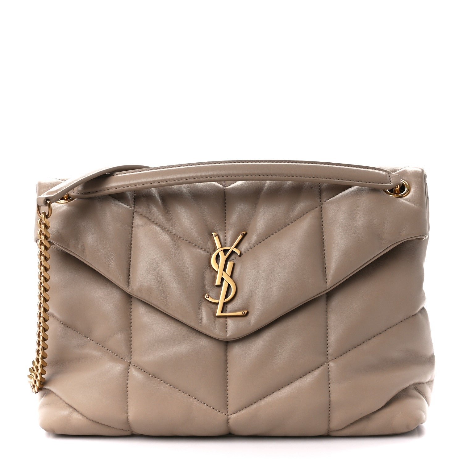 Saint Laurent Lambskin Quilted Medium Loulou Puffer Monogram Chain Satchel Dark Beige 1 of 11