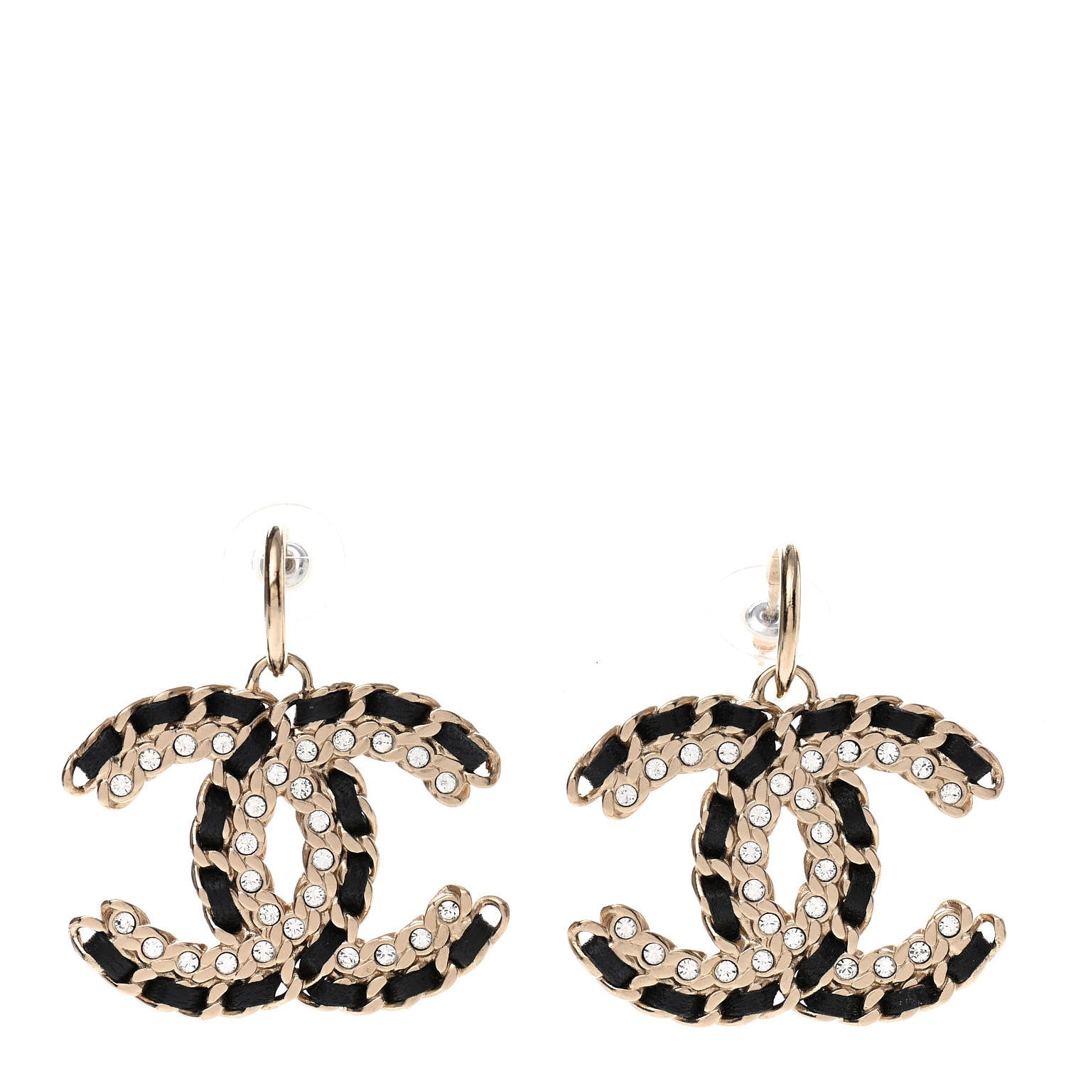 Chanel Crystal Lambskin Chain CC Vintage Allure Stud Earrings Black Gold 1 of 5