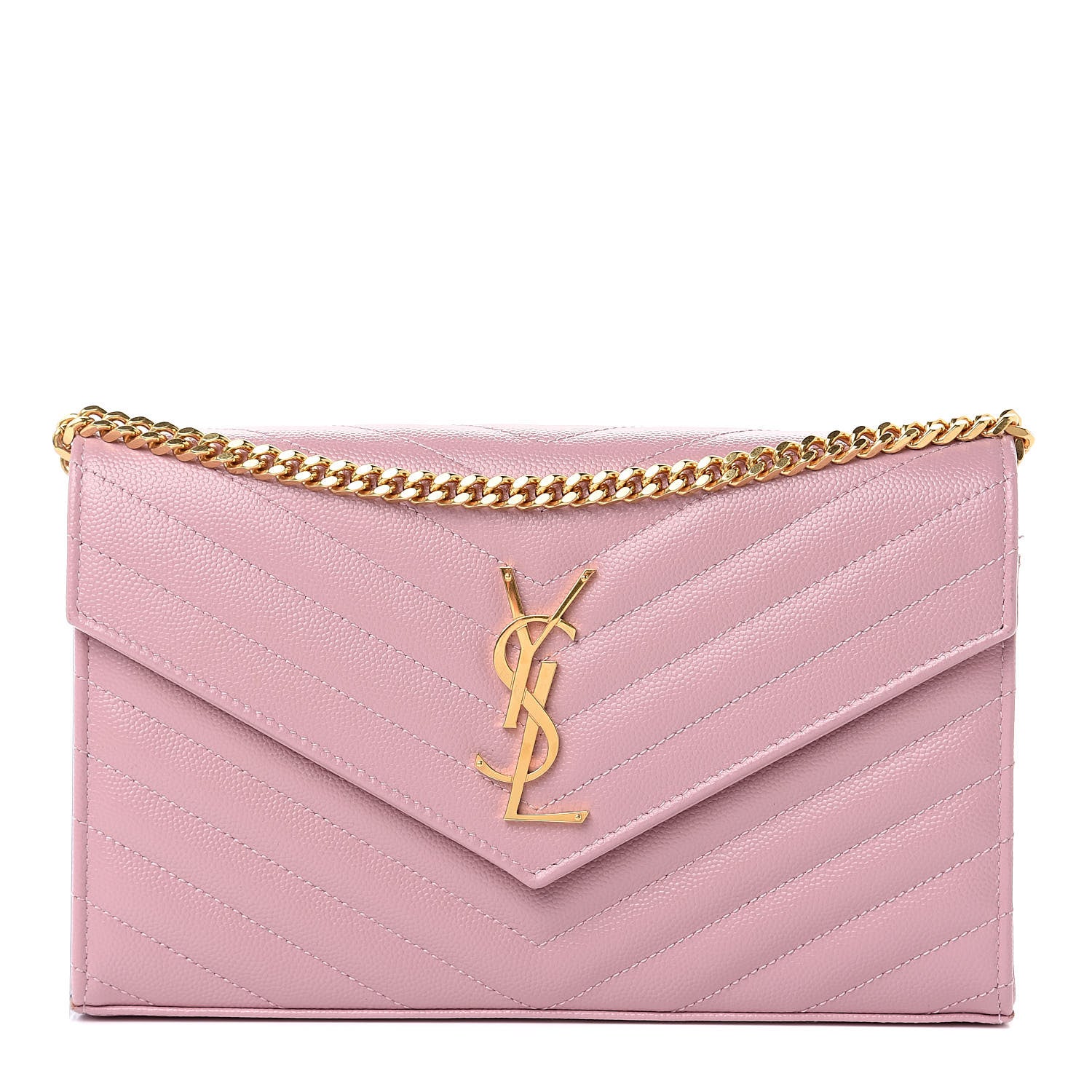 Saint Laurent Grain De Poudre Matelasse Chevron Monogram Chain Wallet Pale Pink 1 of 10