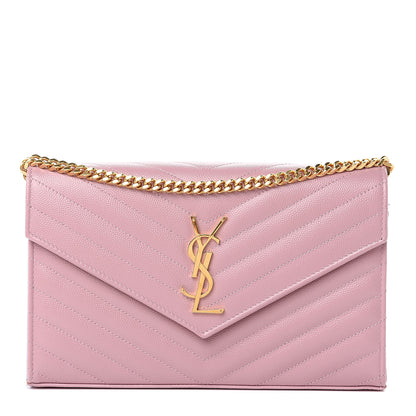 Saint Laurent Grain De Poudre Matelasse Chevron Monogram Chain Wallet Pale Pink 1 of 10