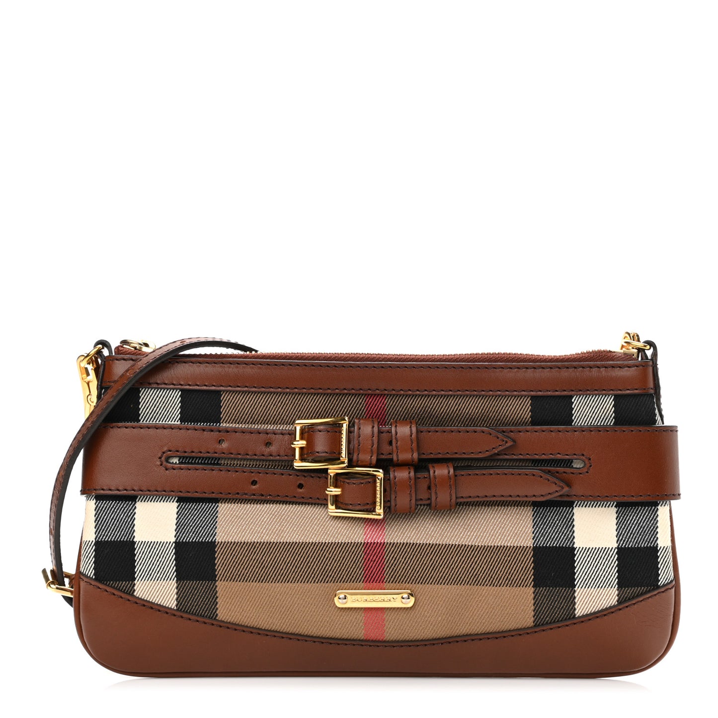 House Check Bridle Calfskin Peyton Crossbody Dark Tan