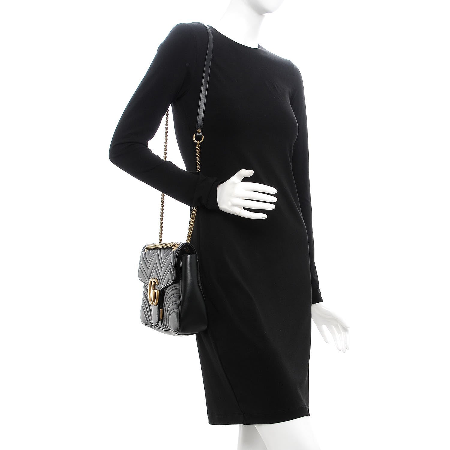 Gucci Calfskin Matelasse Medium GG Marmont Shoulder Bag Black 2 of 9