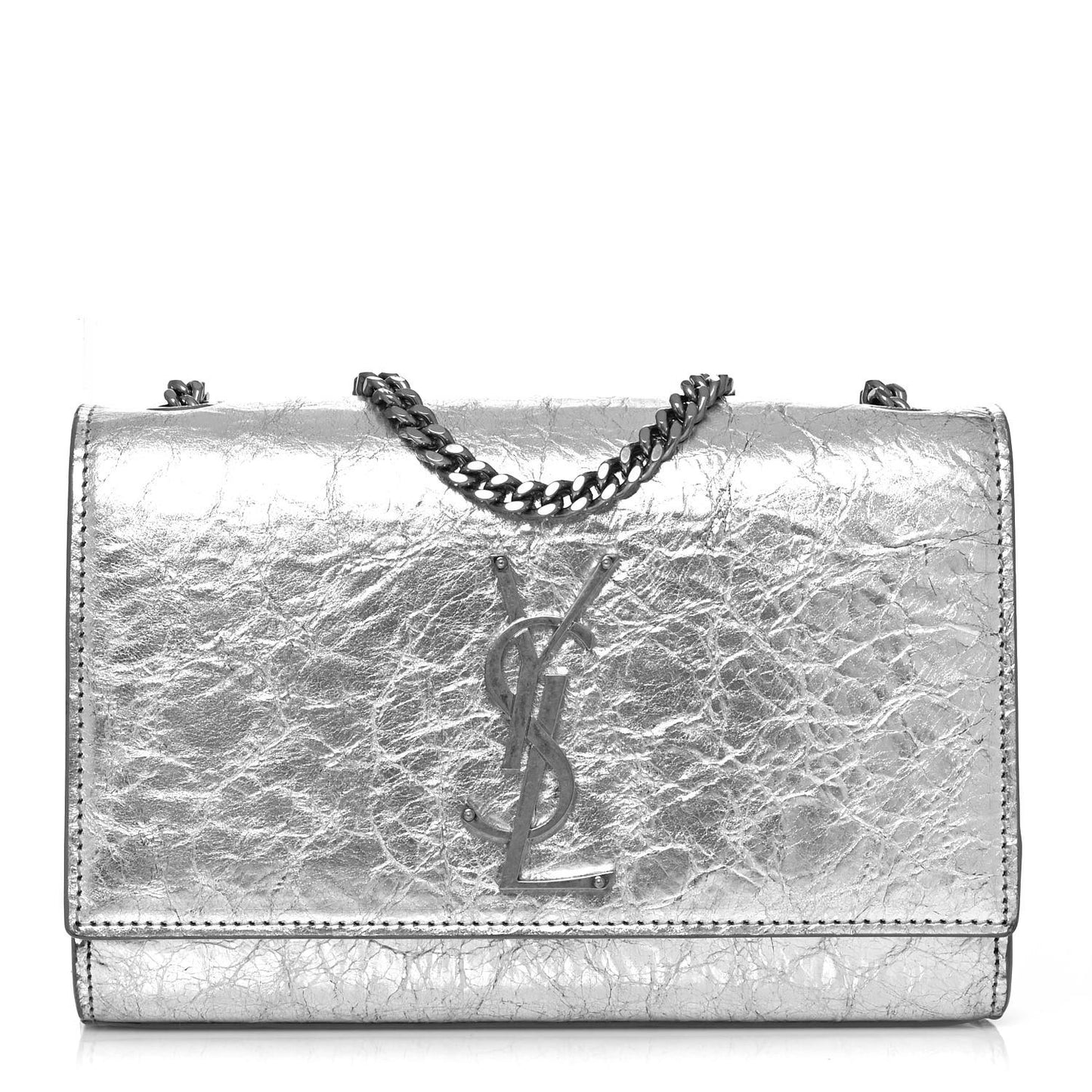 Metallic Crinkled Calfskin Small Classic Monogram Kate Satchel Silver
