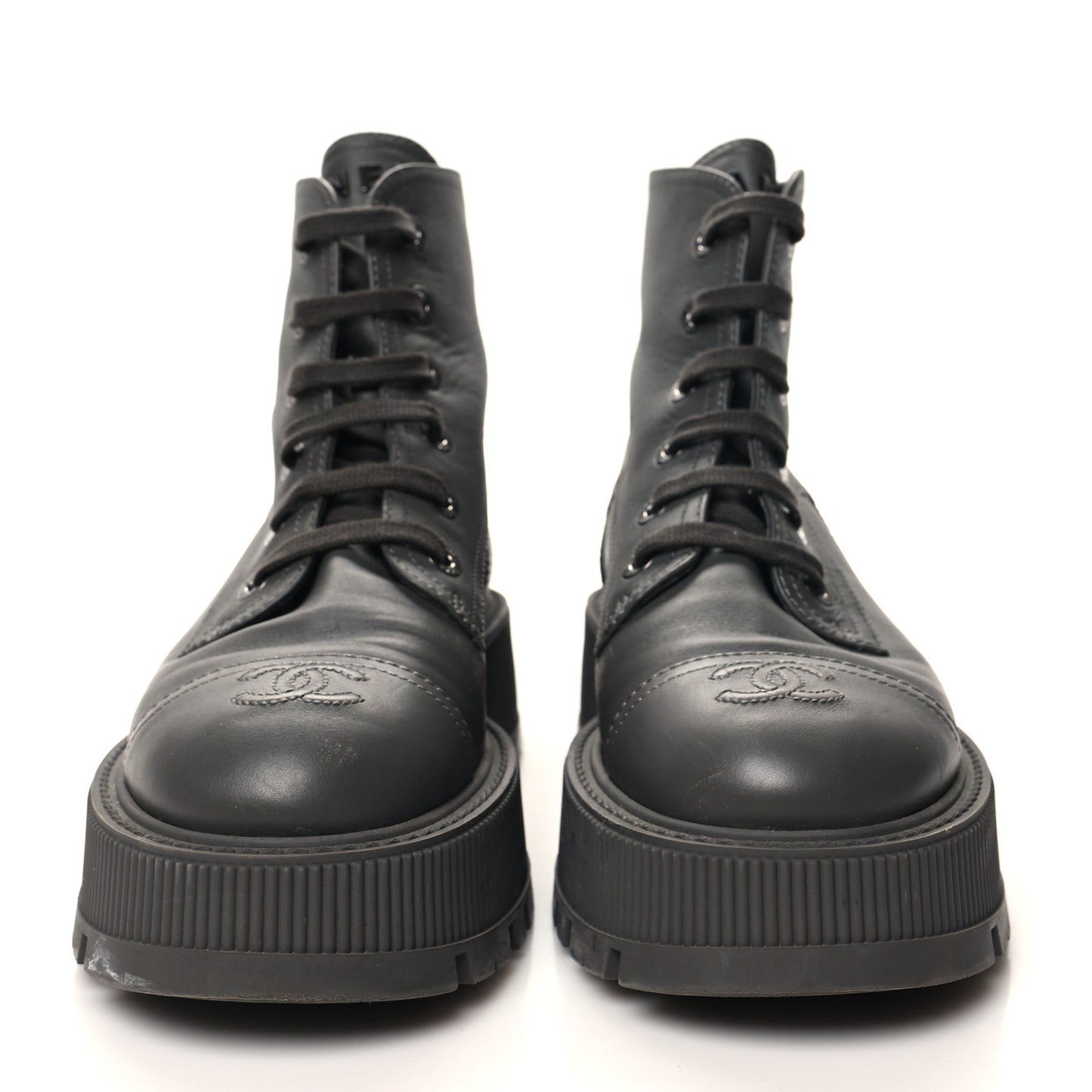 Calfskin CC Lace Up Combat Boots 38.5 Gray