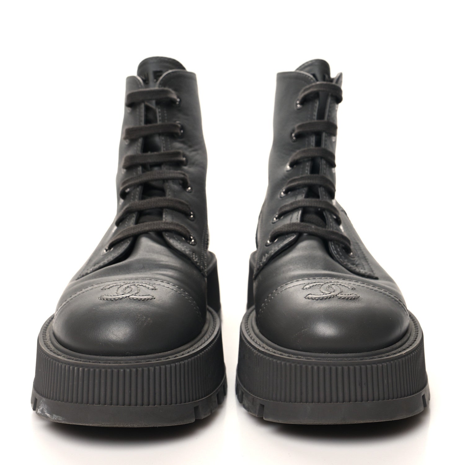 Chanel Calfskin CC Lace Up Combat Boots 38.5 Gray 2 of 11