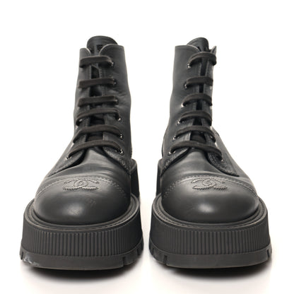 Chanel Calfskin CC Lace Up Combat Boots 38.5 Gray 2 of 11