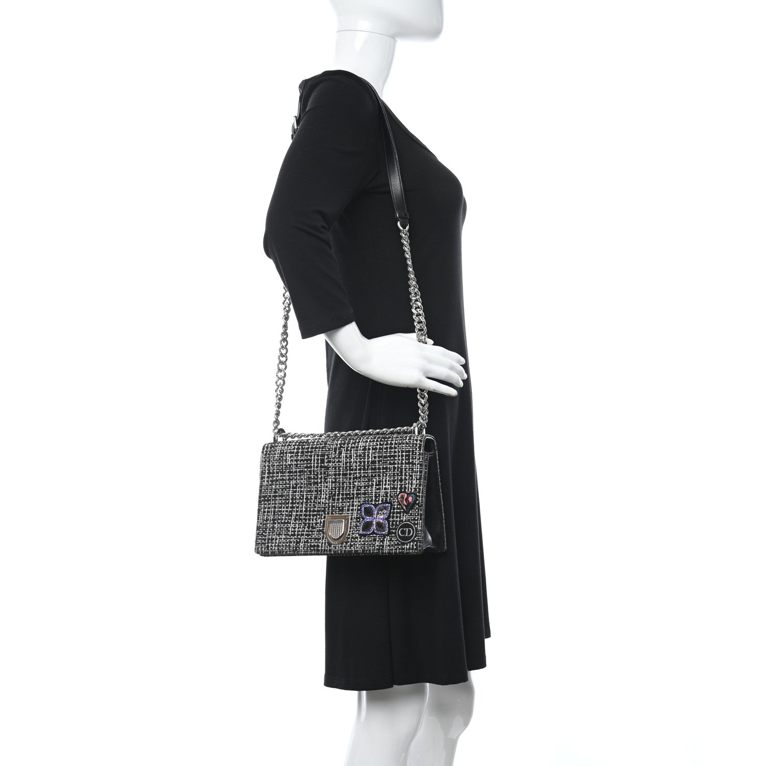 Christian Dior Tweed Embellished Diorama Flap Bag Black White 2 of 13