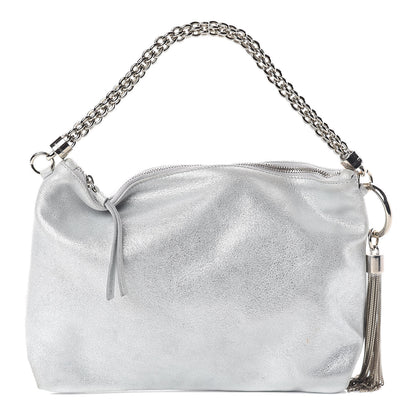 Chanel JIMMY CHOO Metallic Goatskin Callie Mea Tassel Shoulder Bag Silver 1 of 9