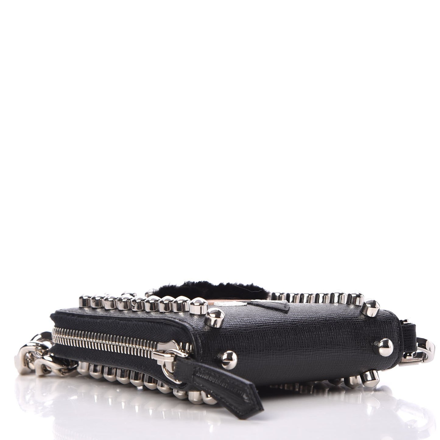Vitello Elite Flamingo Mink Karlito Studded Zip Around Chain Wallet Black White Plaster