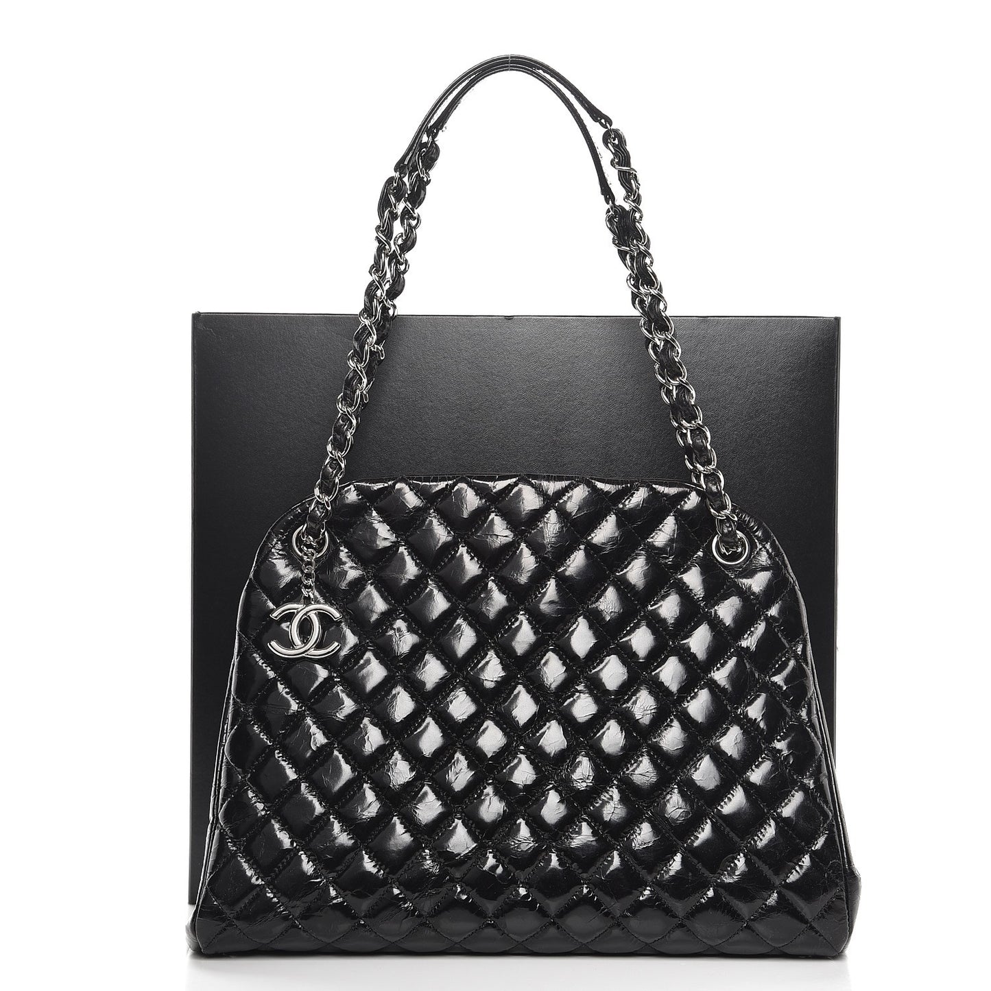 Glazed Calfskin Quilted Large Just Mademoiselle Bowling Bag Black