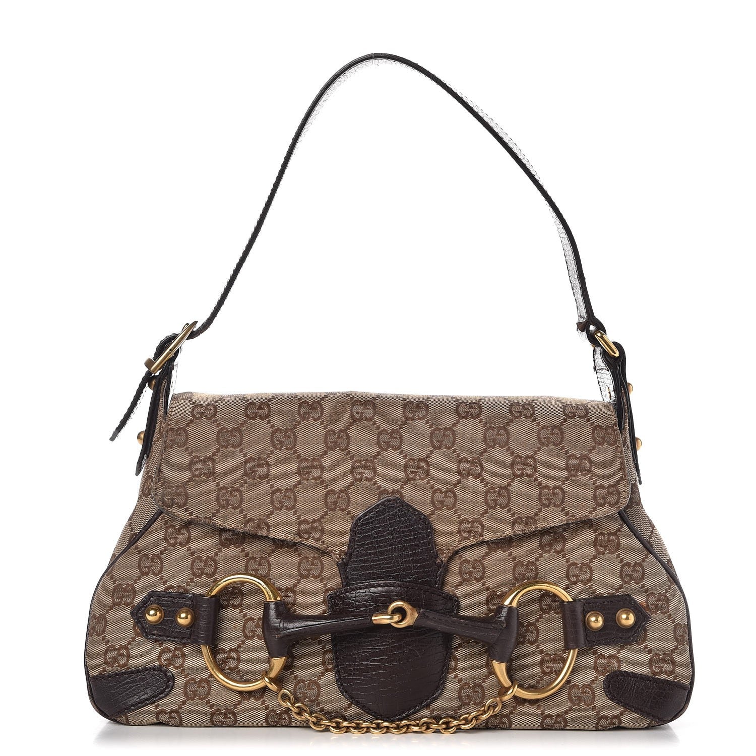 Gucci Monogram Horsebit Chain Flap Shoulder Bag Brown 1 of 12