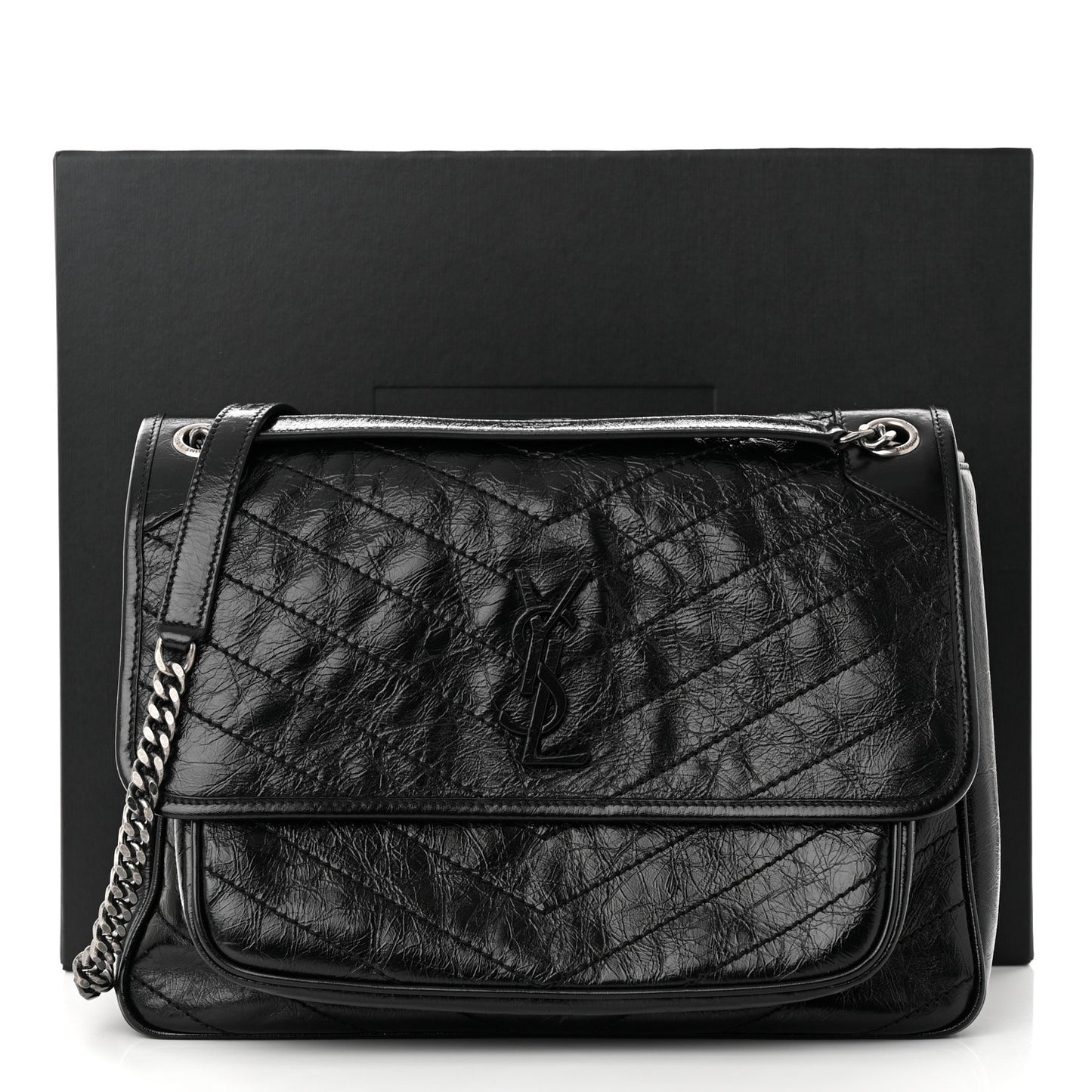 Crinkled Calfskin Matelasse Monogram Large Niki Chain Satchel Black