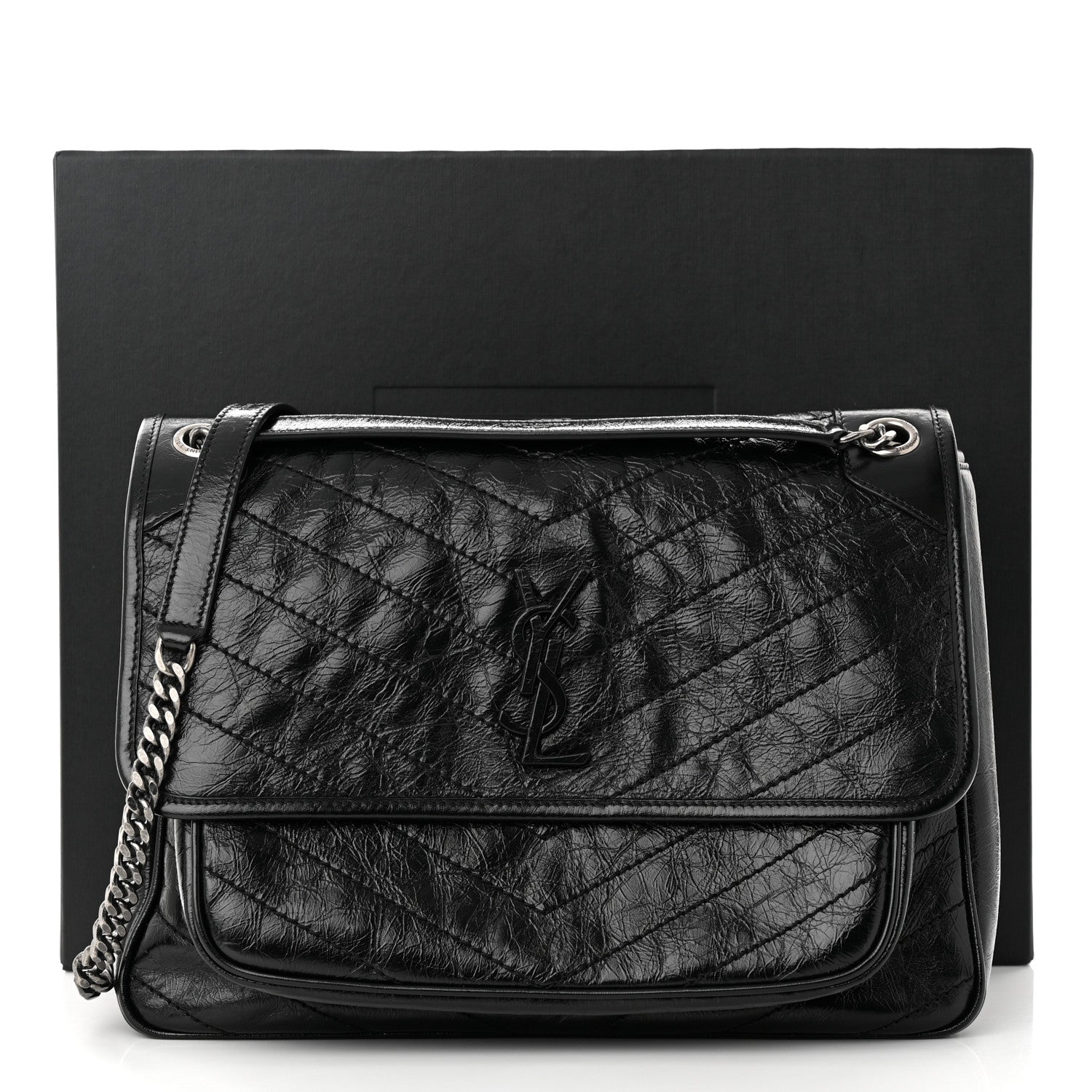 Saint Laurent Crinkled Calfskin Matelasse Monogram Large Niki Chain Satchel Black 12 of 12