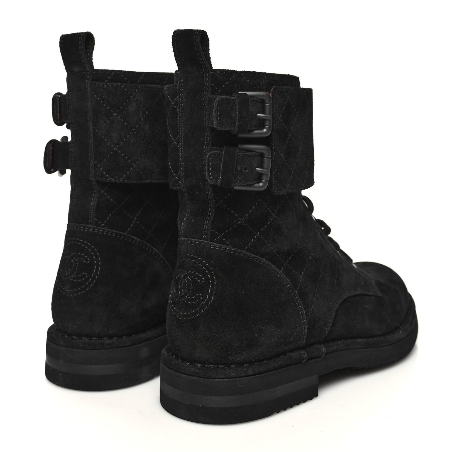 Suede Calfskin Quilted Combat Short Boots 36 Black