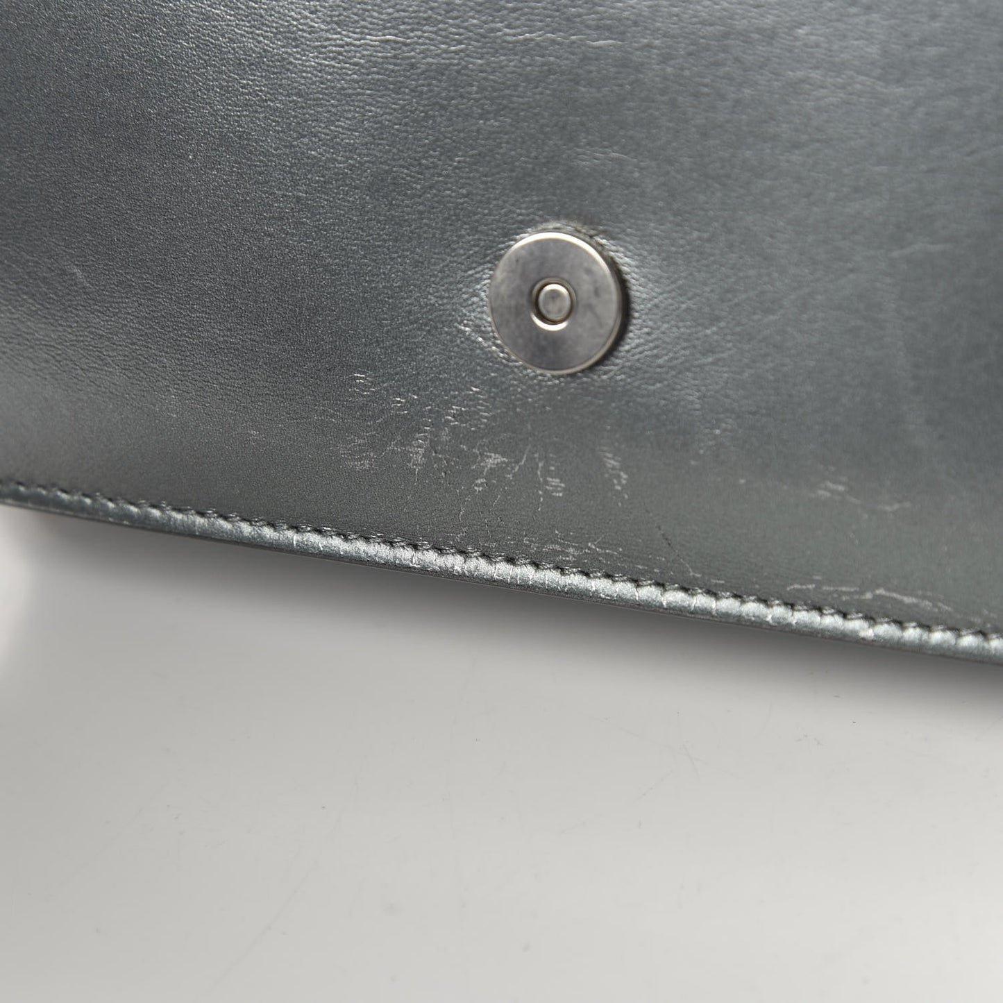 Metallic Lambskin Emblem Chain Wallet Silver