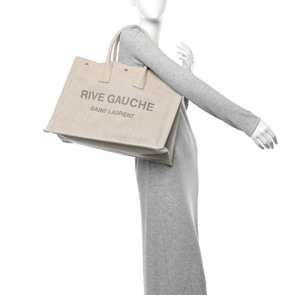 Saint Laurent Cotton Linen Rive Gauche Tote Light Shell 2 of 9