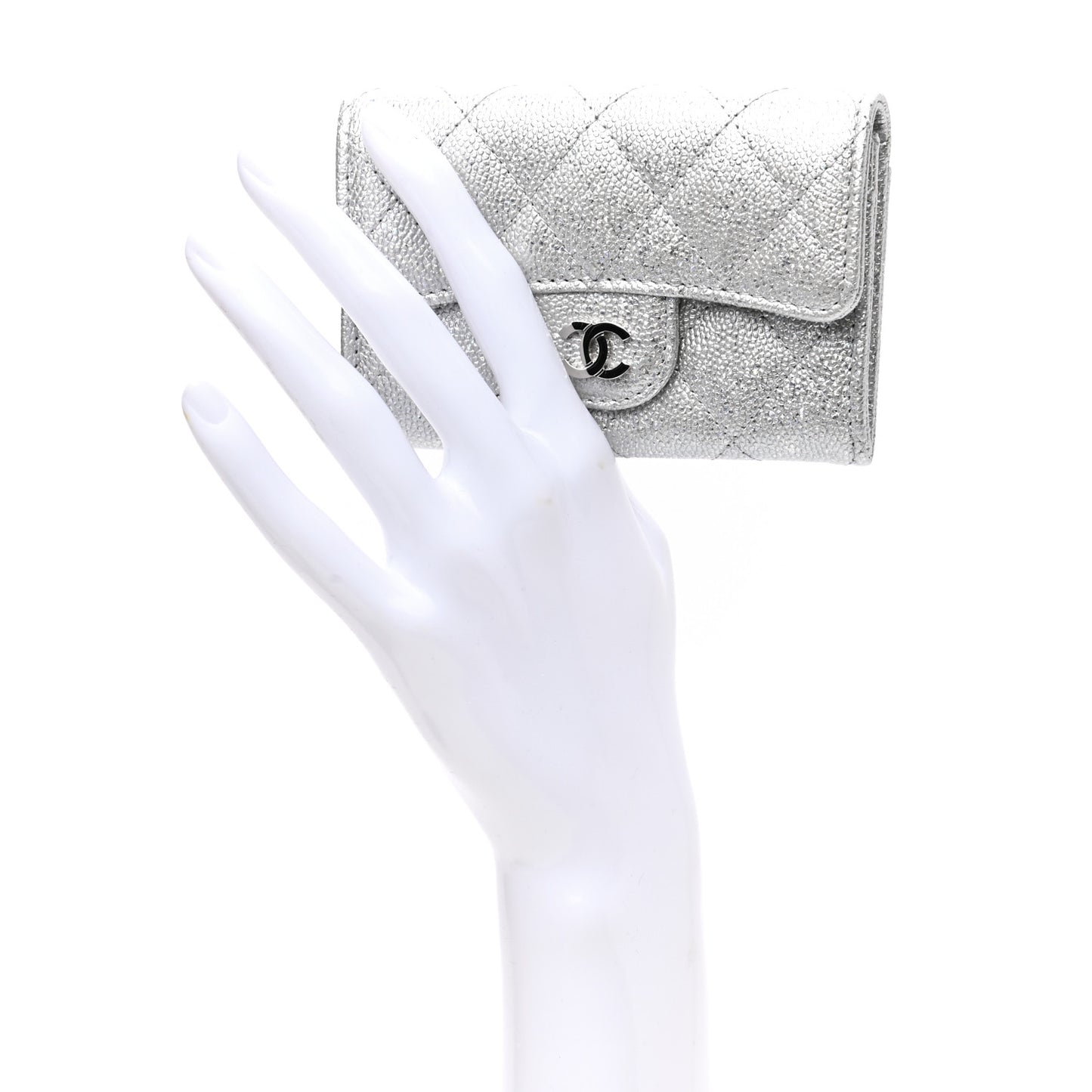 Glittered Metallic Caviar Quilted Flap Card Holder Wallet Silver