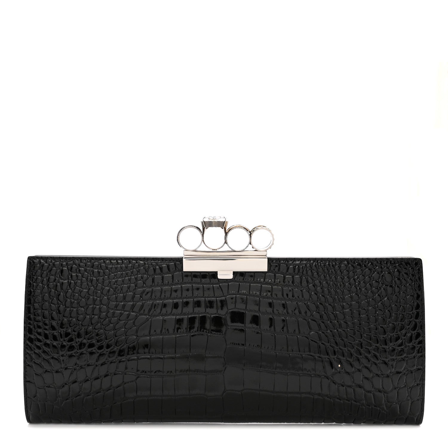 Alexander McQueen ALEXANDER MCQUEEN Calfskin Crocodile Embossed Knuckle Flat Clutch Black 1 of 8