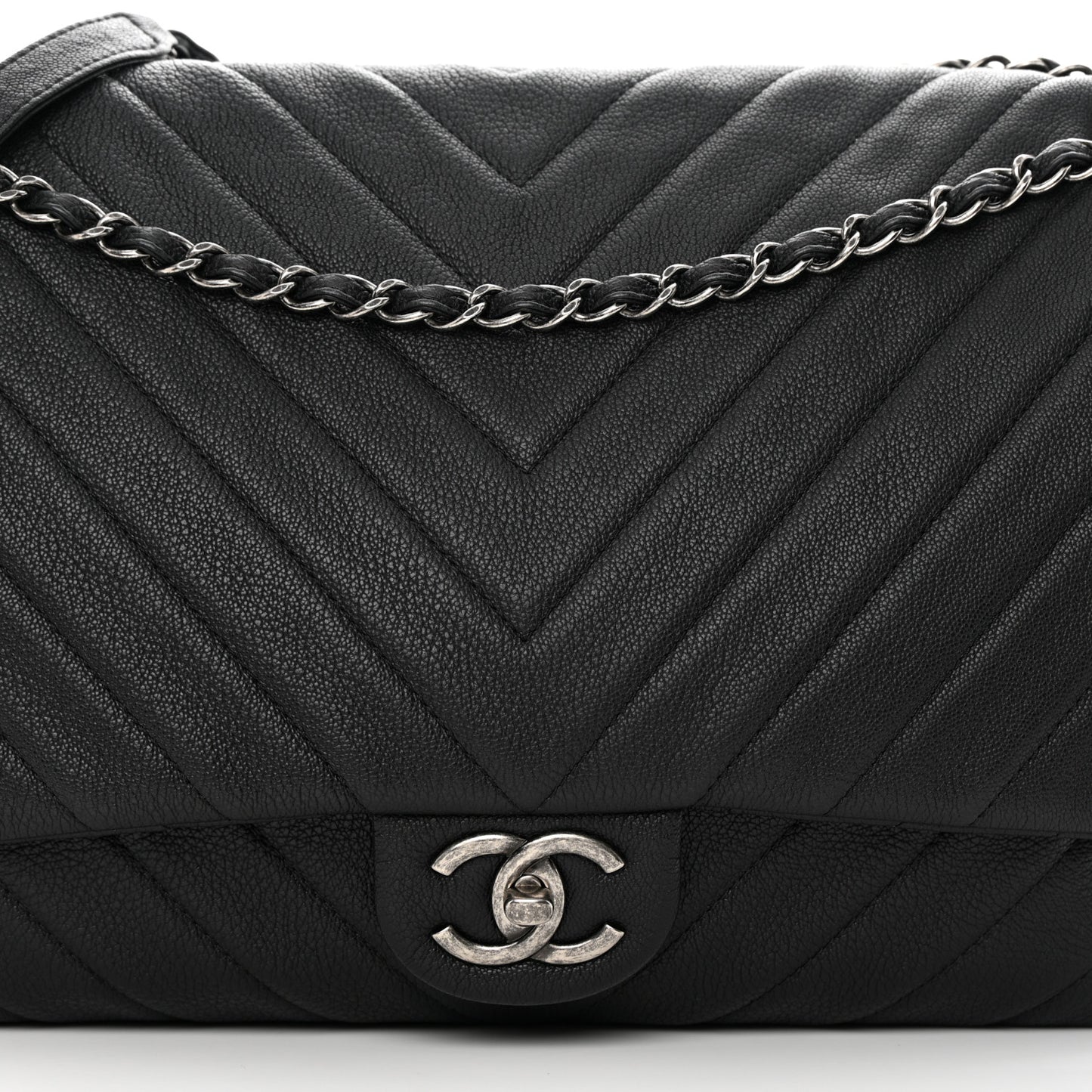 Calfskin Chevron Quilted XXL Travel Flap Bag Black