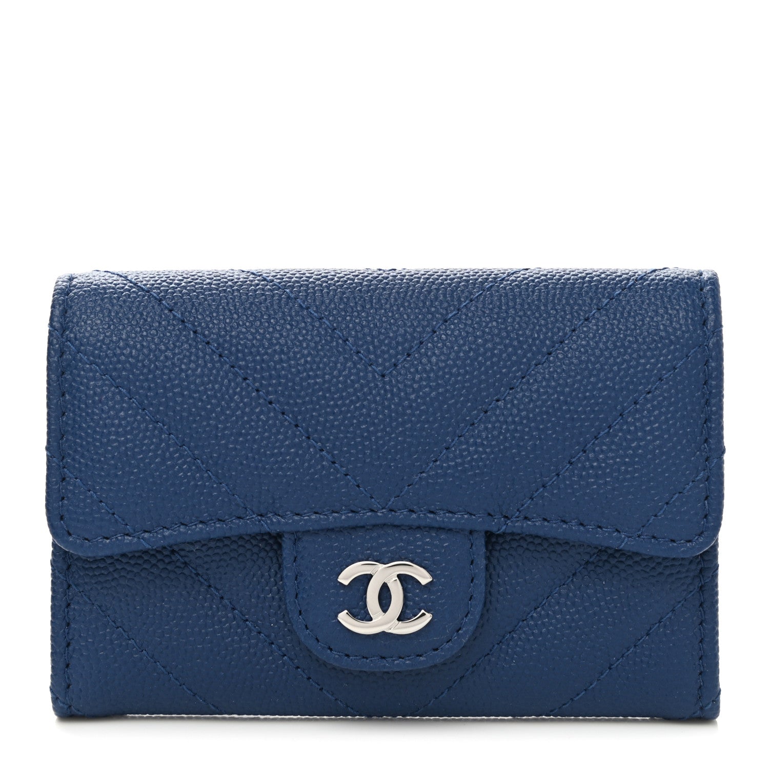 Chanel Caviar Chevron Quilted Flap Card Holder Dark Blue 1 of 9