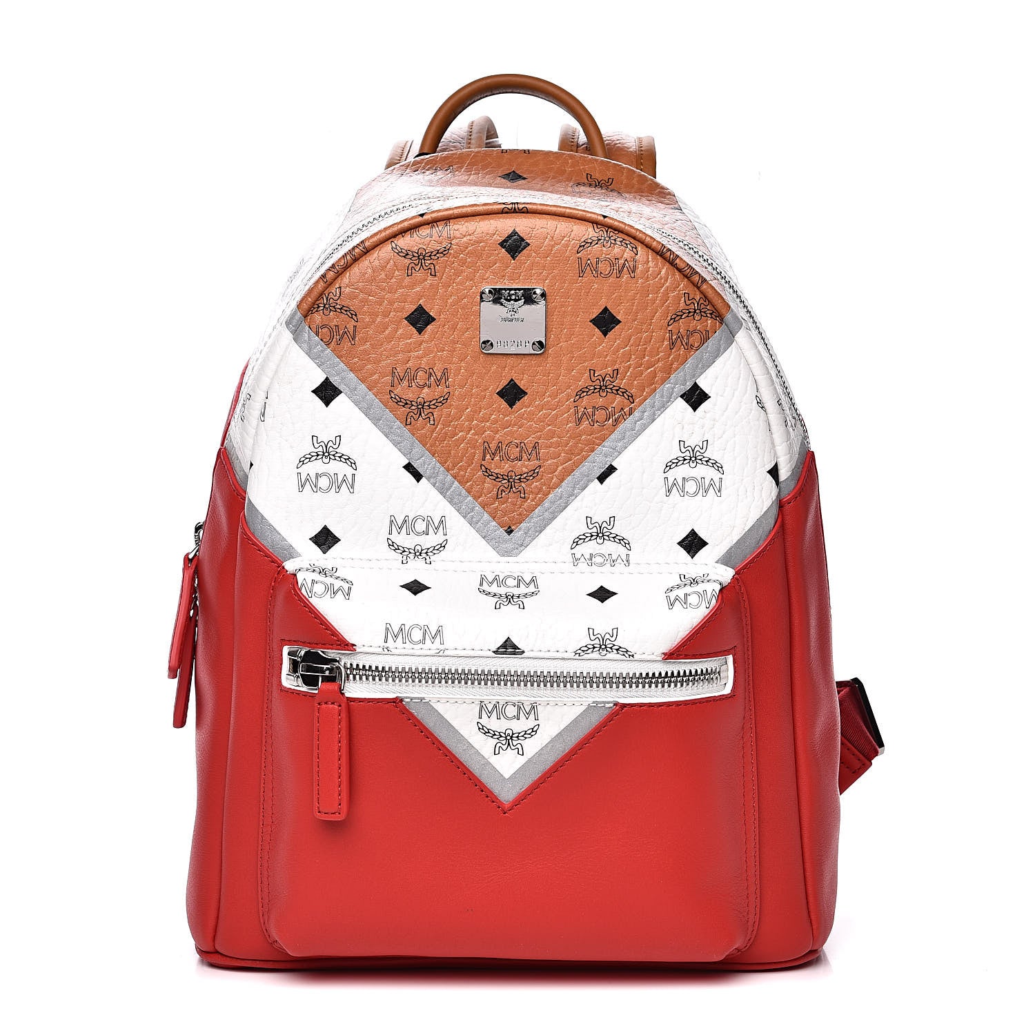 MCM Visetos Chevron Colorblock Small Stark Backpack Cognac White Ruby Red 1 of 8