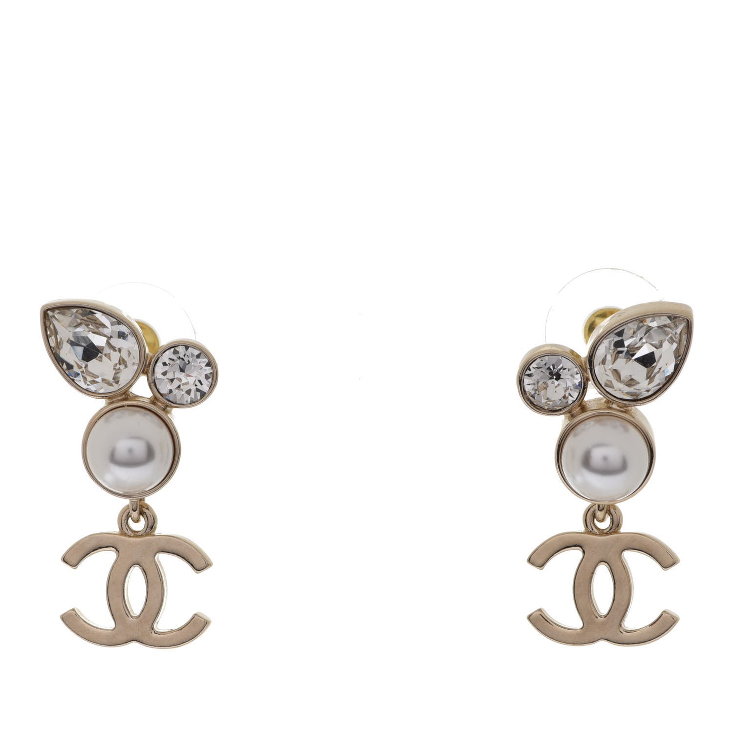 Pearl Crystal CC Drop Earrings Gold