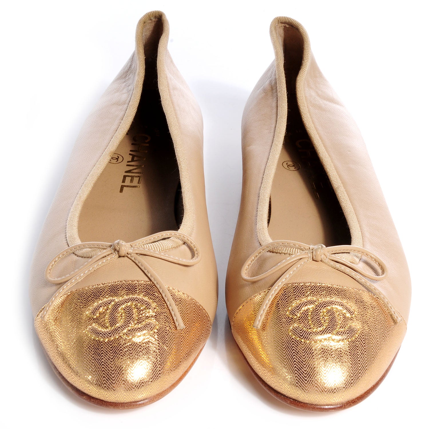 Chanel Leather Cap Toe Ballerina Flats 38 Beige Gold 2 of 7
