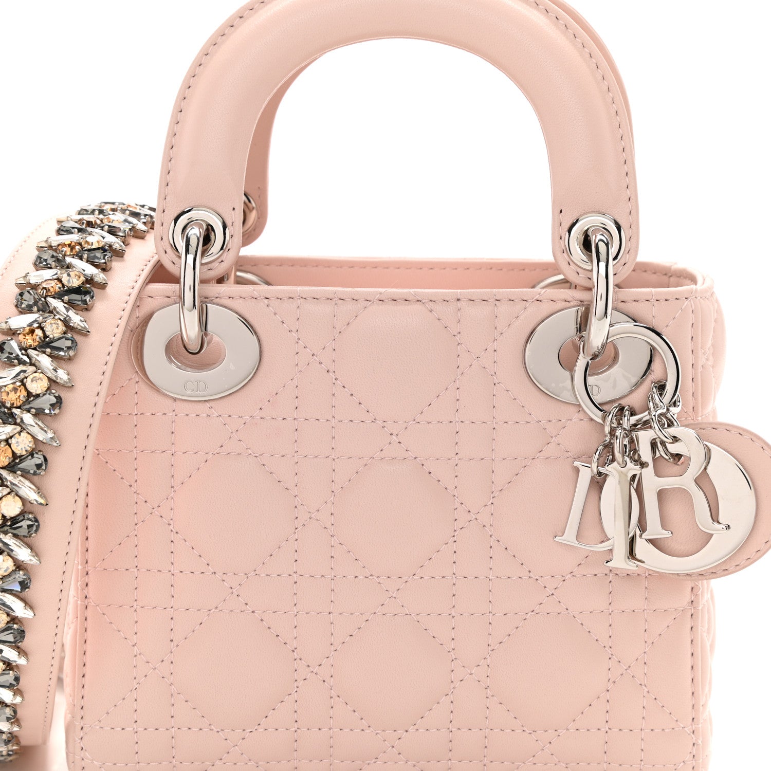 Christian Dior Lambskin Cannage Mini Lady Dior Crystal Strap Rose Poudre 9 of 12