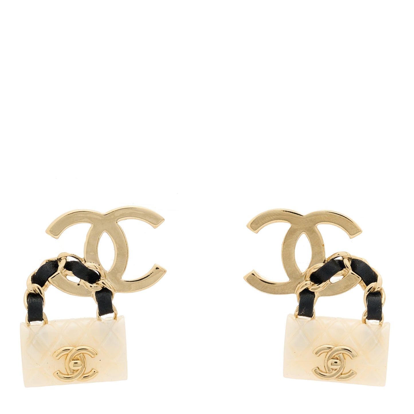 Lambskin Metal Resin CC Quilted Flap Earrings Gold Black White