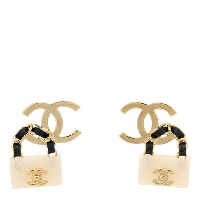 Chanel Lambskin Metal Resin CC Quilted Flap Earrings Gold Black White 1 of 5