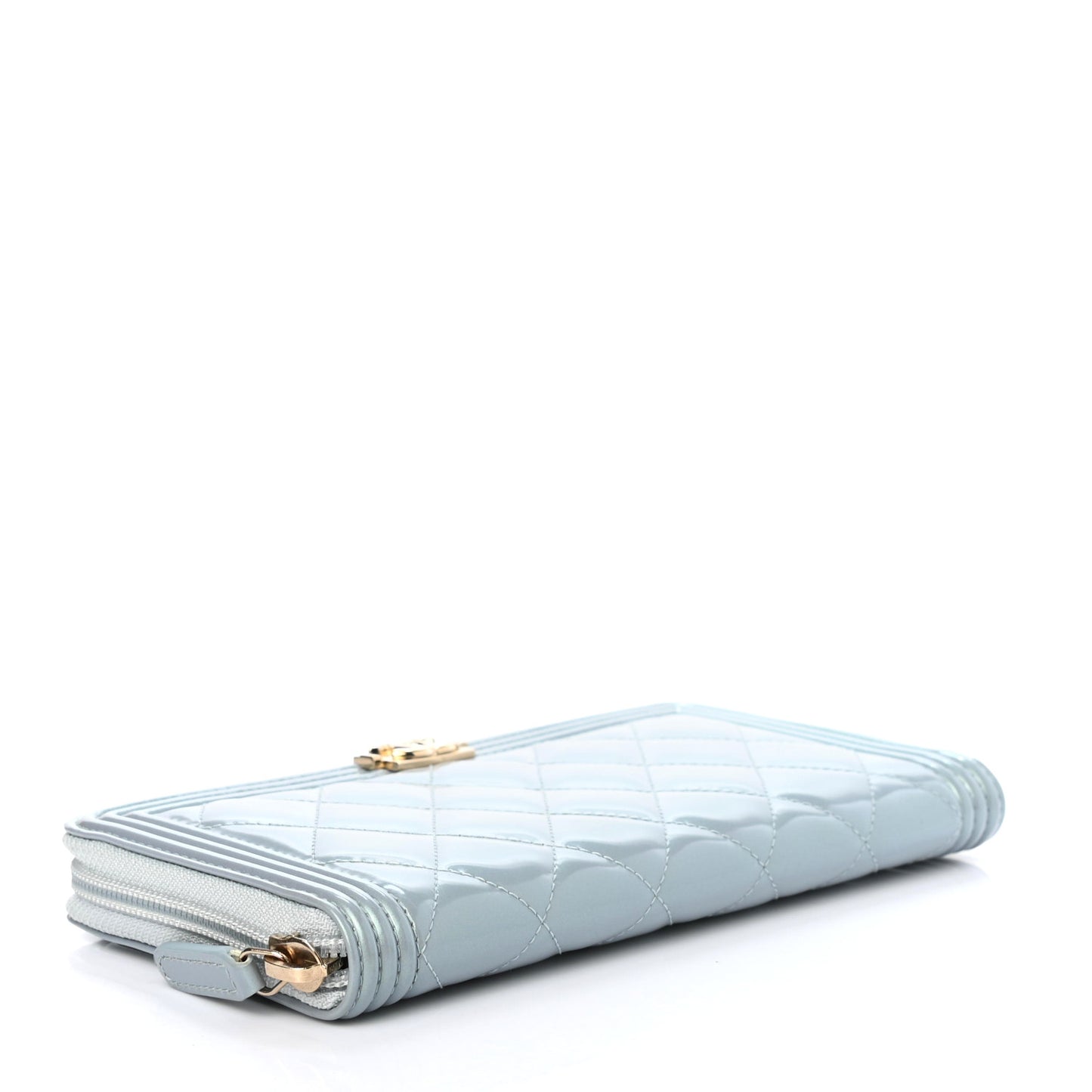 Metallic Patent Calfskin Quilted Boy L-Gusset Zip Wallet Light Blue