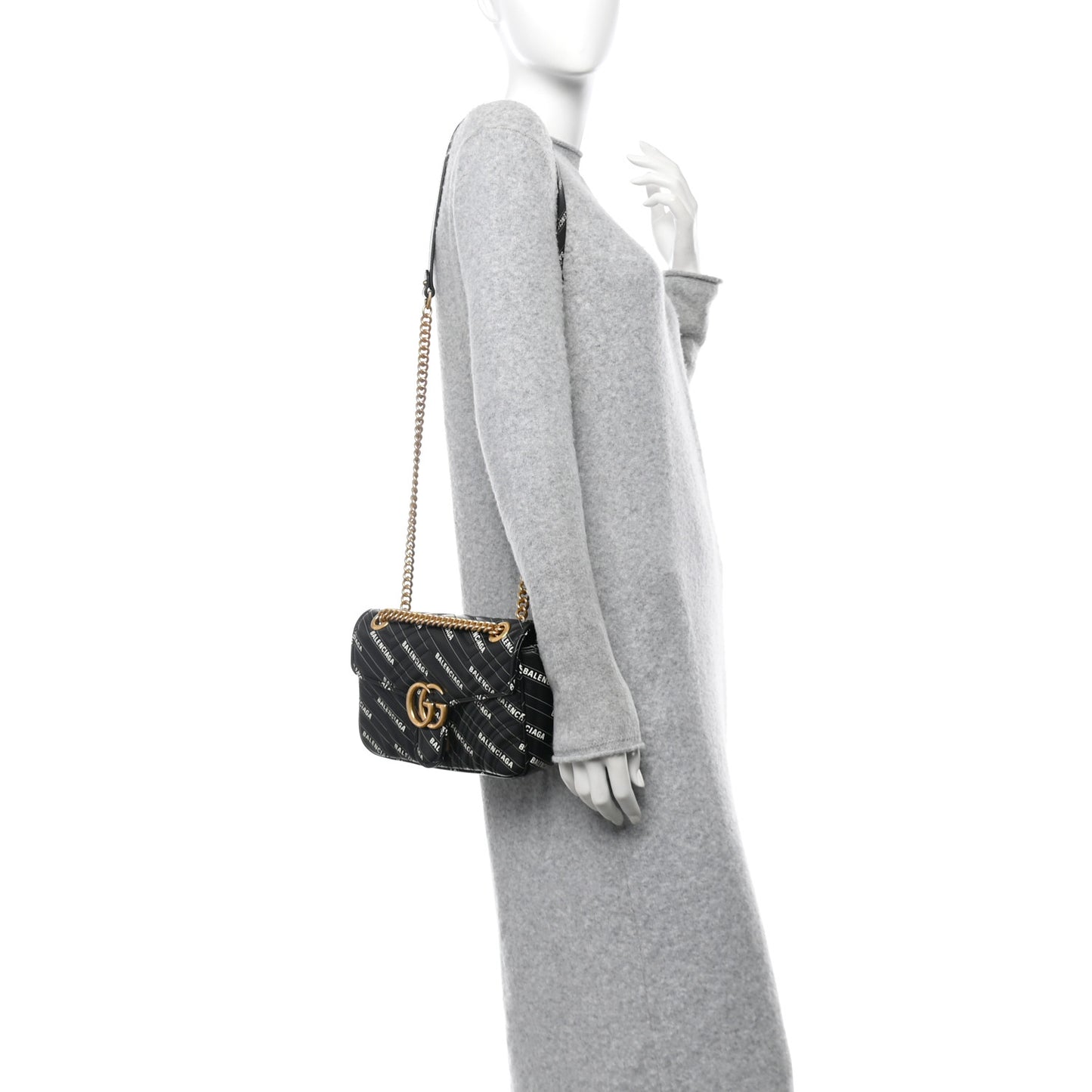 X BALENCIAGA Calfskin Matelasse Logo Print Small GG Marmont Shoulder Bag Black