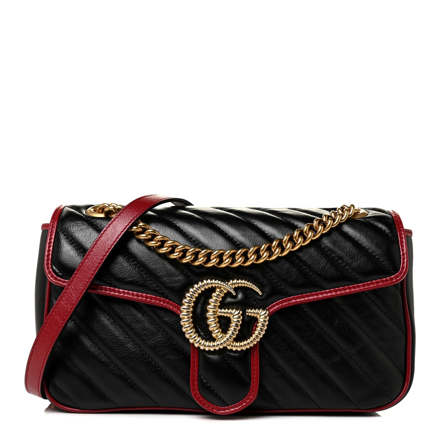 Vintage Effect Calfskin Matelasse Diagonal Small Torchon GG Marmont Shoulder Bag Black Romantic Cherry