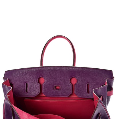 Hermes Chevre Mangalore Bi-Color Horseshoe Birkin 35 Ultraviolet Rose Tyrien 9 of 35