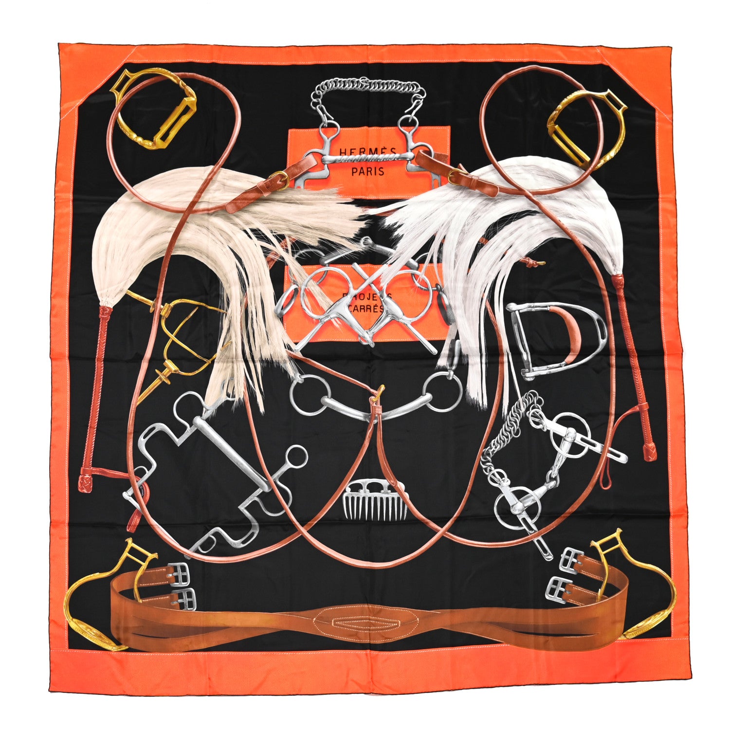 Hermes Silk Projets Carres Scarf 140 Black Orange Brun 1 of 6