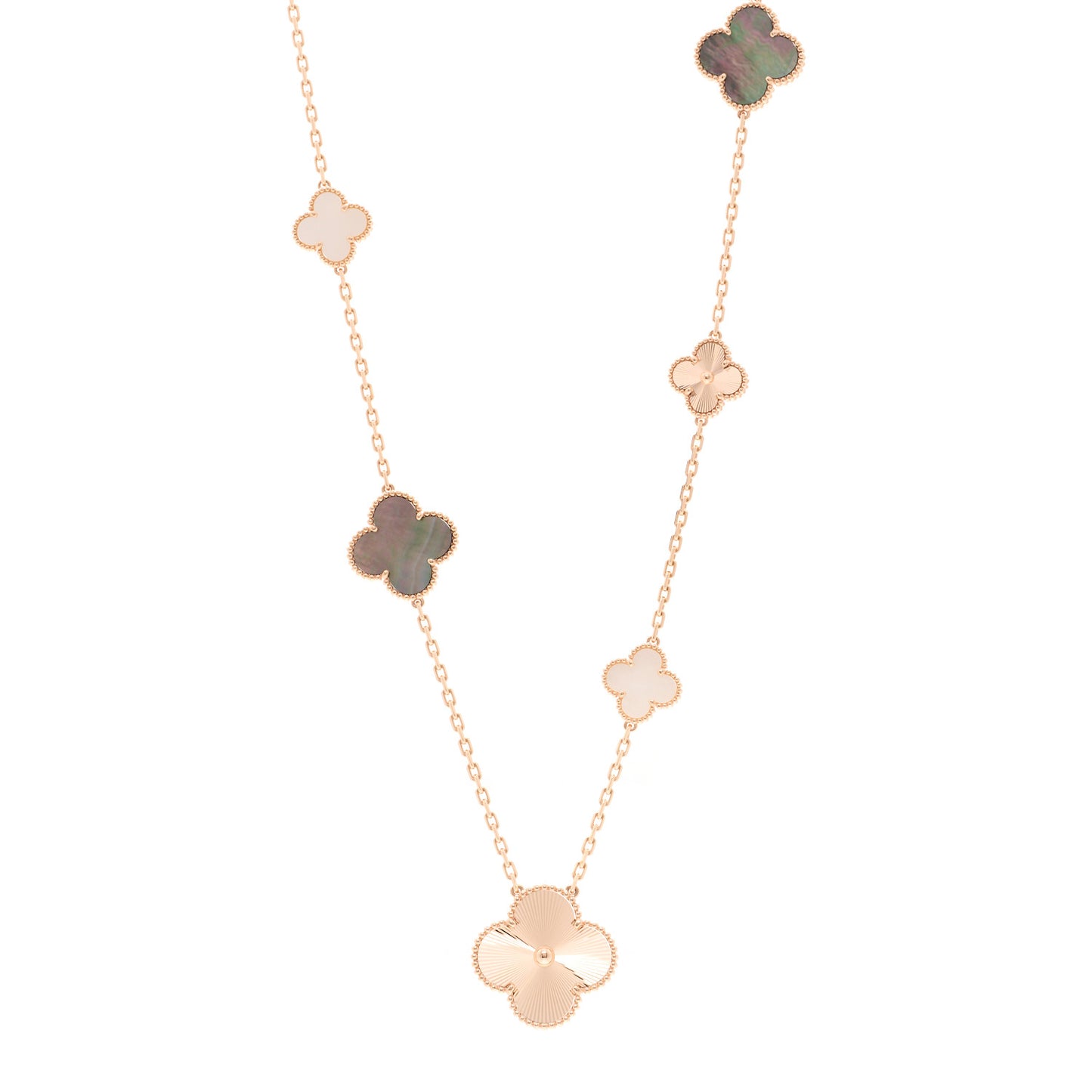 18K Rose Gold Mother of Pearl 15 Motifs Magic Alhambra Transformable Long Necklace
