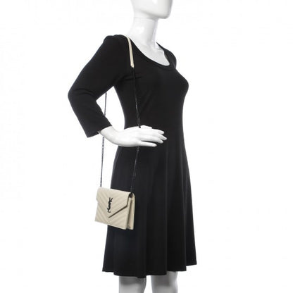 Saint Laurent Grain De Poudre Matelasse Chevron Monogram Envelope Chain Wallet Dove White 2 of 21