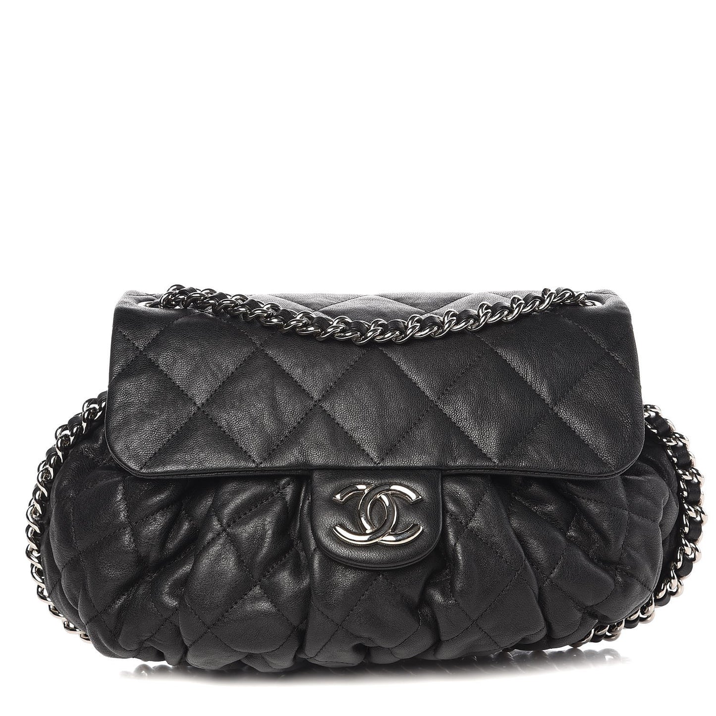 Washed Lambskin Quilted Medium Chain Around Messenger Black