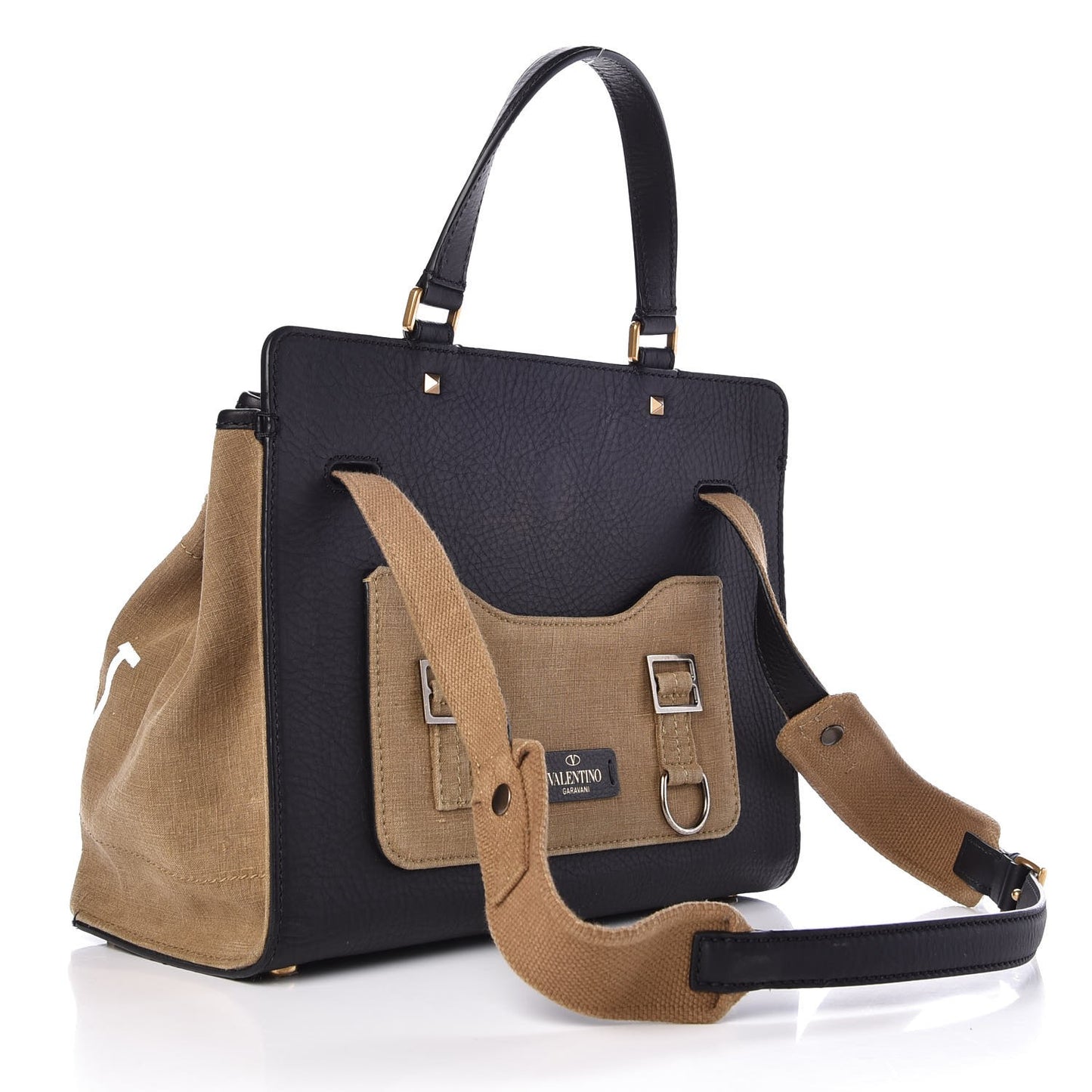 Calfskin Cotton Canvas VLTN Print Medium Joylock Satchel Green