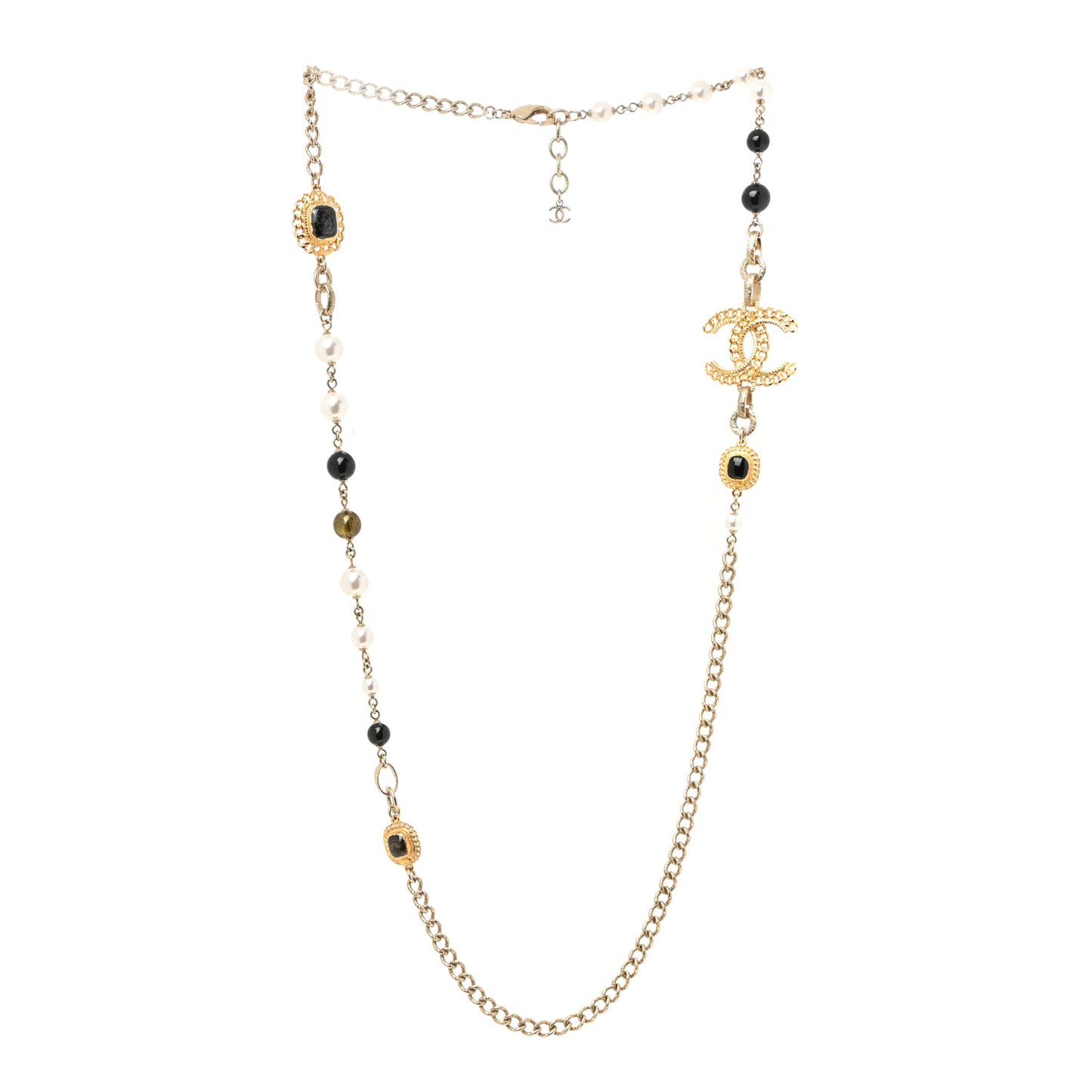 Enamel Pearl Bead CC Long Necklace Black Gold