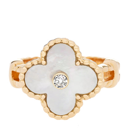 Van Cleef & Arpels 18K Yellow Gold Diamond Mother of Pearl Vintage Alhambra Ring 52 6 1 of 5