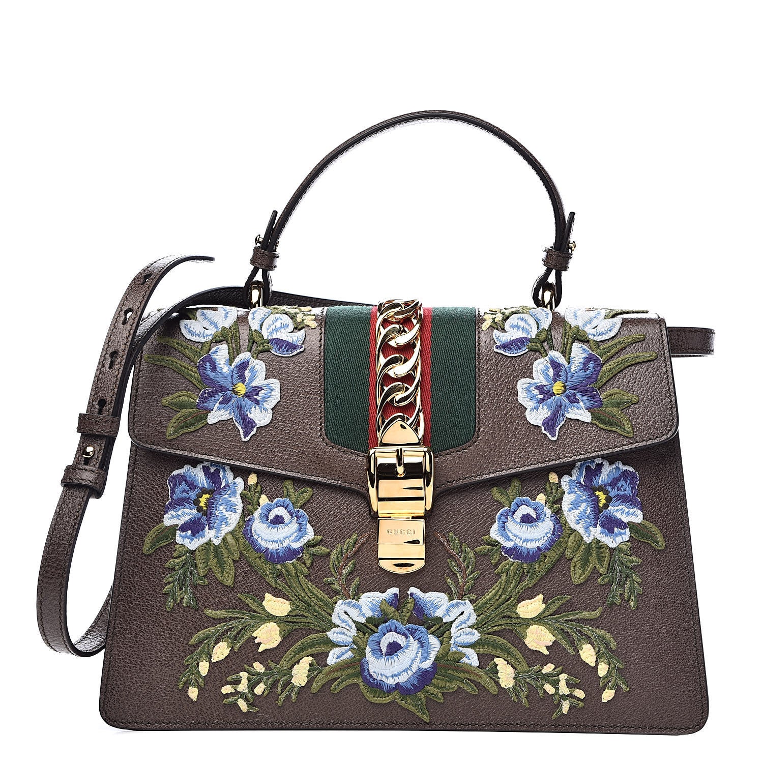 Gucci Calfskin Embroidered Medium Sylvie Top Handle Bag New Acero Multicolor 1 of 10