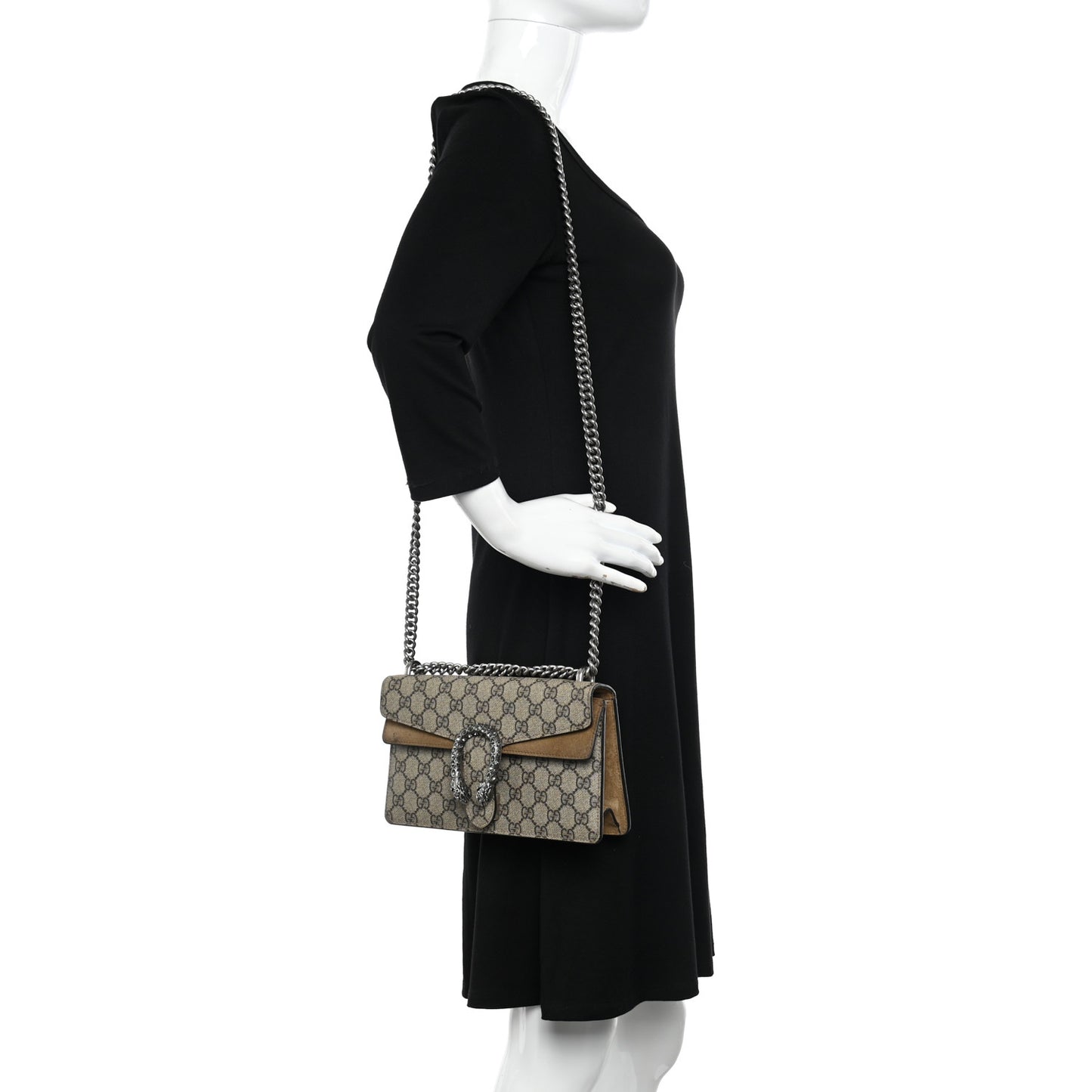 GG Supreme Monogram Suede Crystal Small Dionysus Shoulder Bag Beige Ebony Taupe