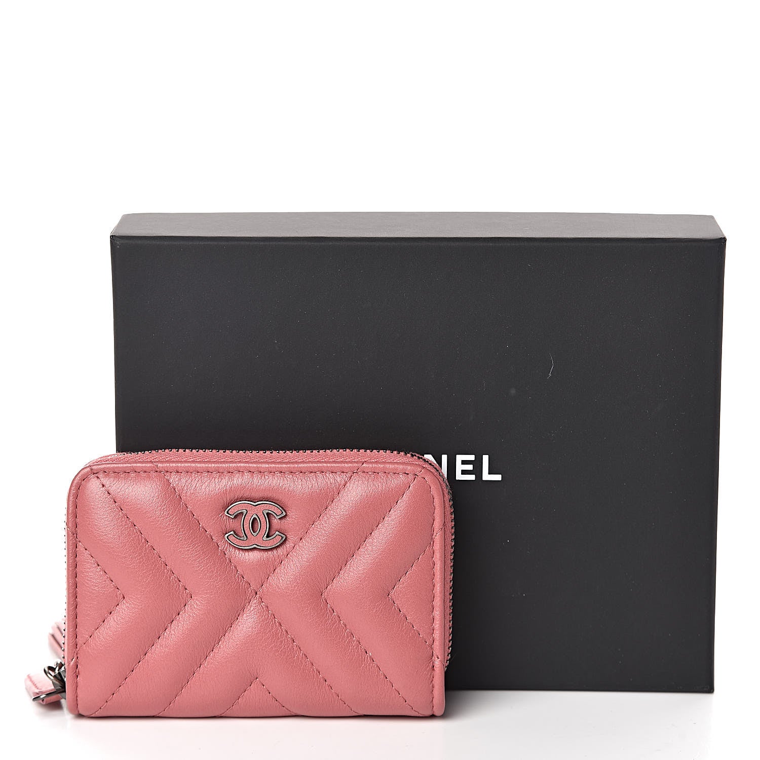Chanel Calfskin Chevron Quilted Tassel Zip Around Coin Purse Pink 8 of 8