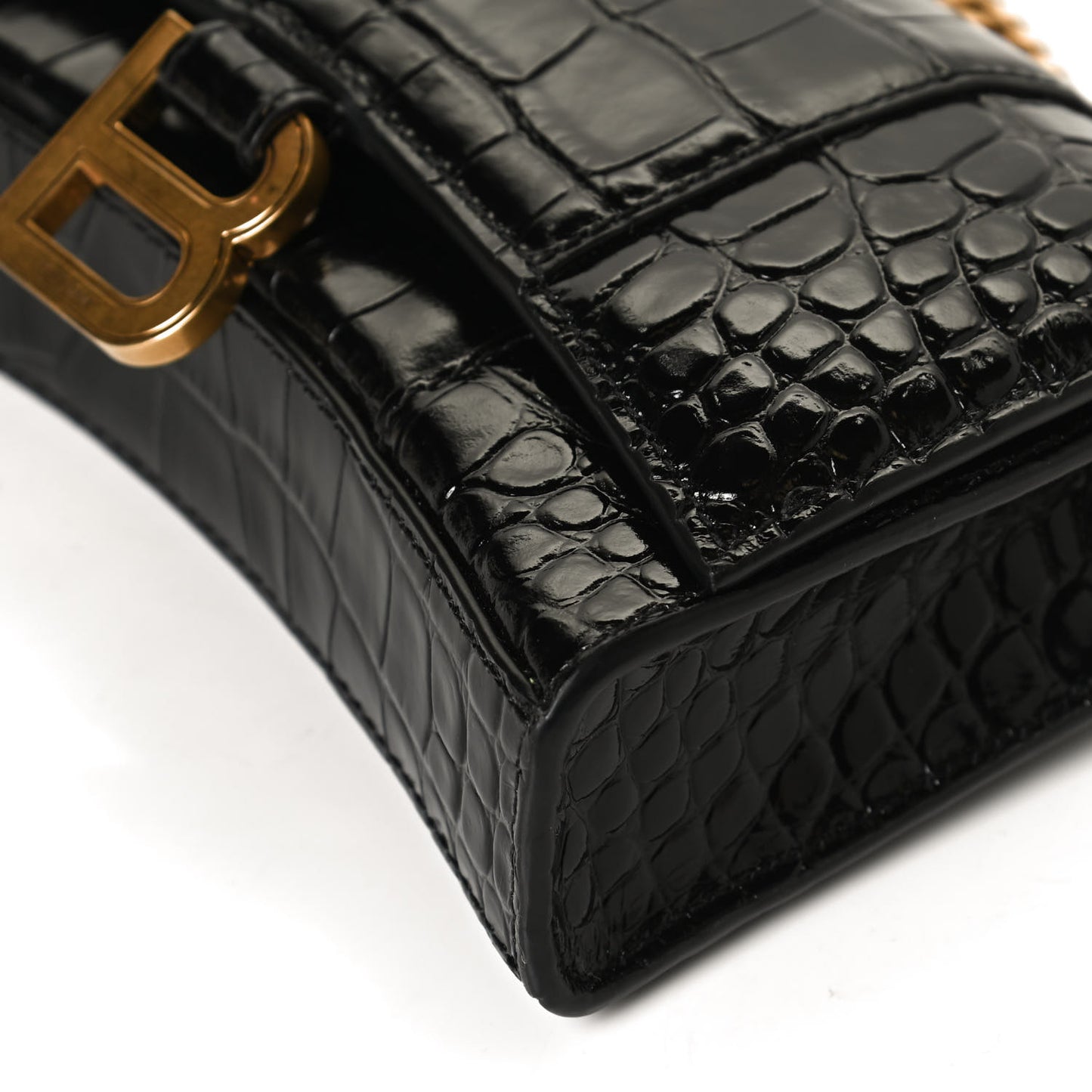Shiny Calfskin Crocodile Embossed Hourglass Chain Bag Black