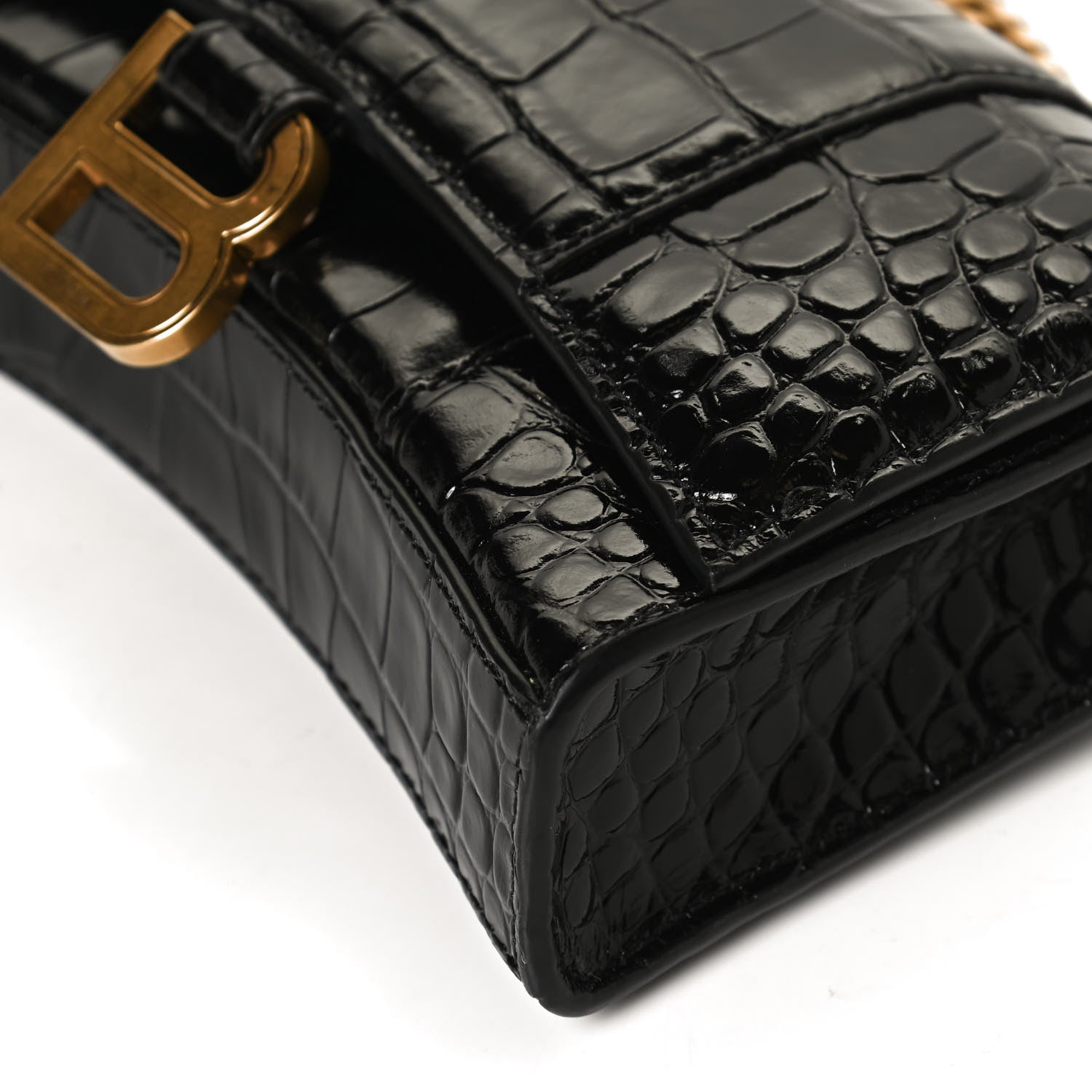 Balenciaga Shiny Calfskin Crocodile Embossed Hourglass Chain Bag Black 10 of 10
