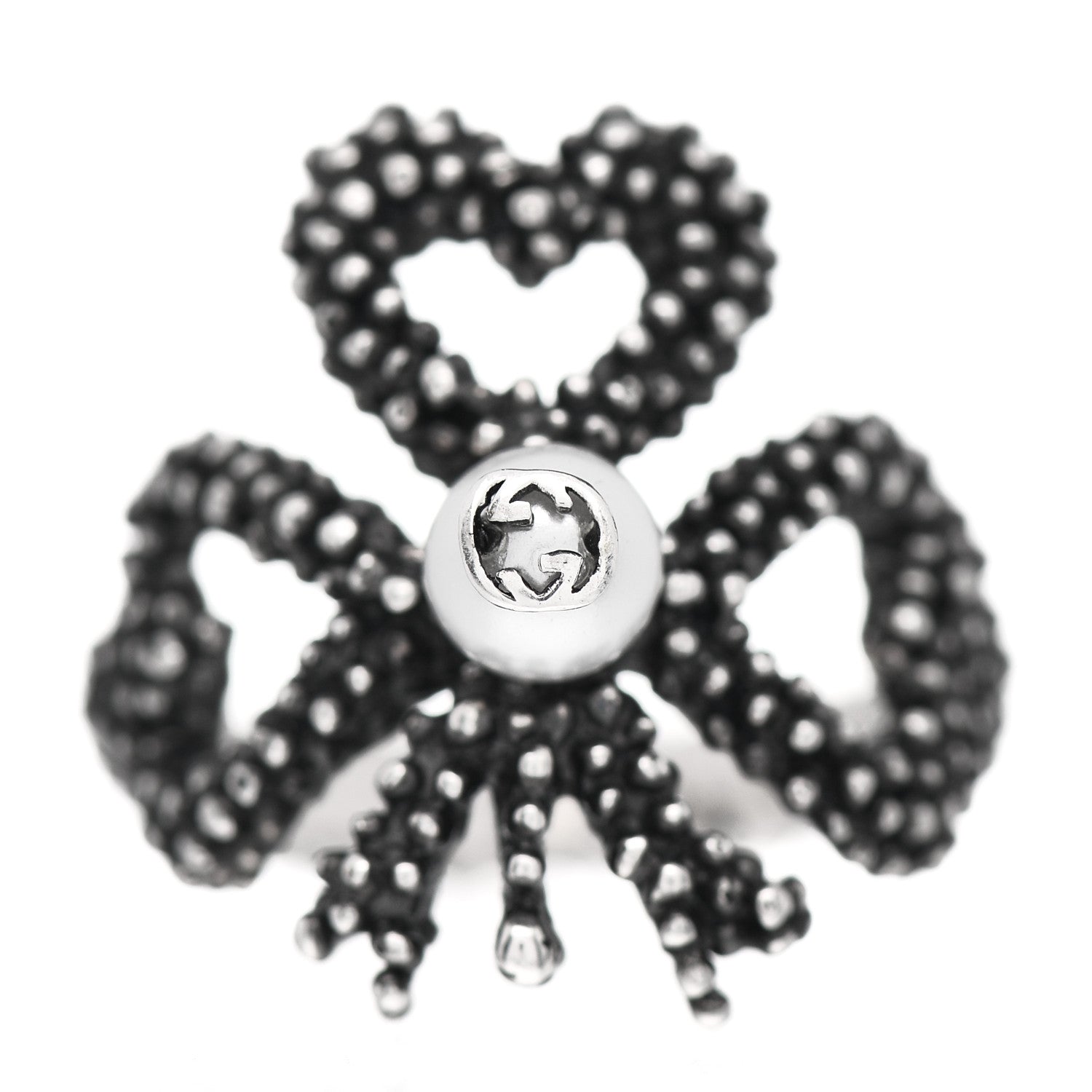 Gucci Sterling Silver Glass Pearl Heart Ribbon Ring 51 5.75 1 of 5