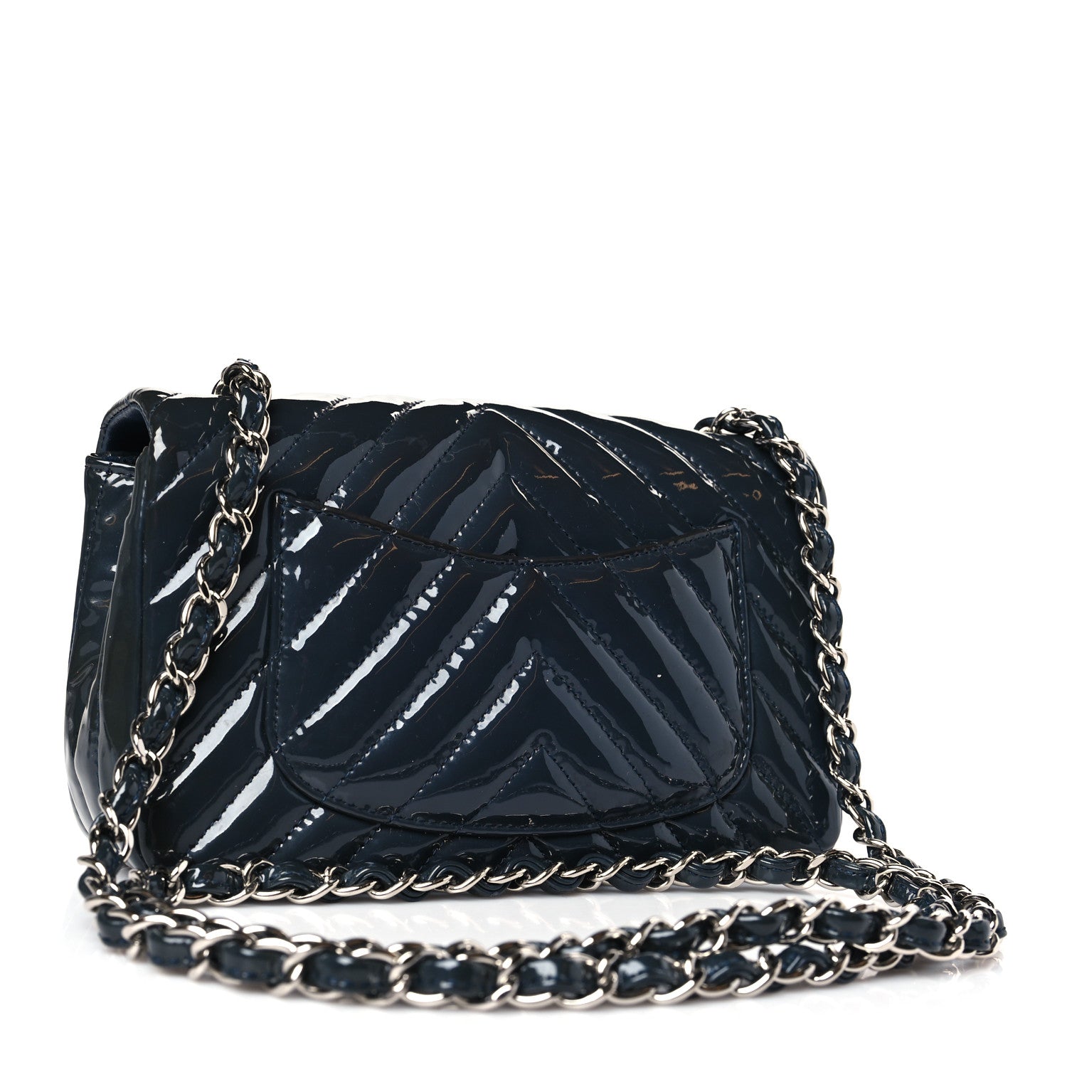 Chanel Patent Calfskin Chevron Quilted Mini Rectangular Flap Navy Blue 3 of 11